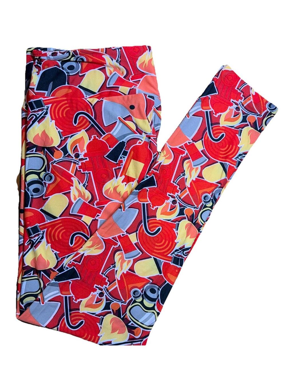 NWT LuLaRoe TC Red Orange Yellow Firefighter Print Leggings Size TC (12-18)